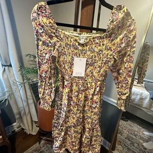 JUNIORS LOVE FIRE SMOCKED FLORAL DRESS IN LIMELIGHT DITSY